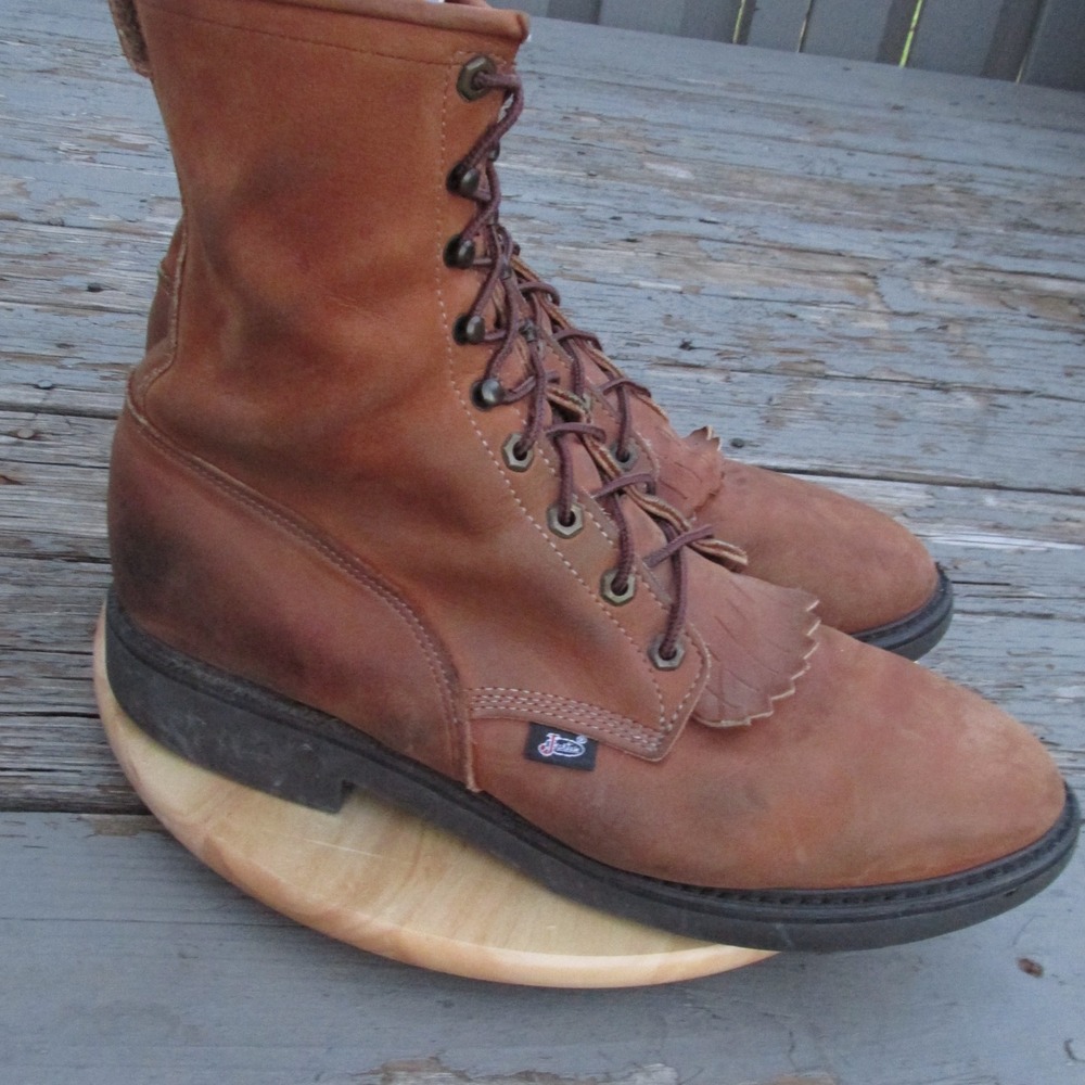 Justin 760 Conductor Work Boots Mens 13D US Aged Bark Leather Kiltie Lace Up USA